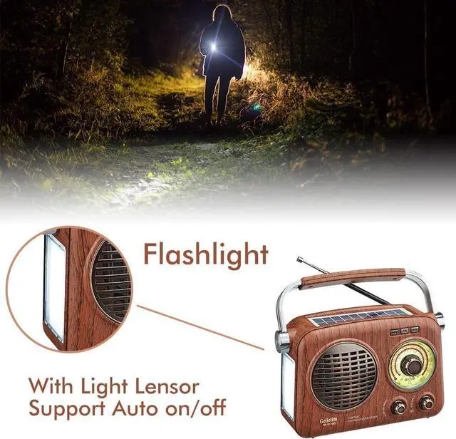 Alt view image 7 of 7 - Gelielim Radios Portable AM FM SW,Vintage Radio Bluetooth Speaker with Crystal Clear Sound, Rechargeable Battery Powered, Retro Small Radio with Solar Panel & Flashlight, Gifts for Seniors Elderly