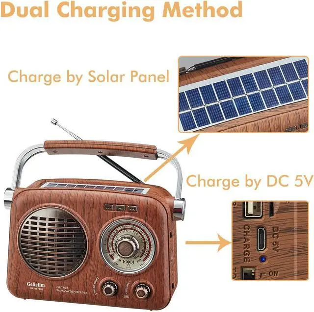 Alt view image 6 of 7 - Gelielim Radios Portable AM FM SW,Vintage Radio Bluetooth Speaker with Crystal Clear Sound, Rechargeable Battery Powered, Retro Small Radio with Solar Panel & Flashlight, Gifts for Seniors Elderly