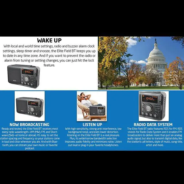 Alt view image 3 of 6 - Eton - Elite Field AM/FM/Shortwave Desktop Radio with Bluetooth, Mineral Grey, 2-Band, Bluetooth Ready, LCD Display, Headphone Jack, Strong Anti-Interference, 50 Station Memory