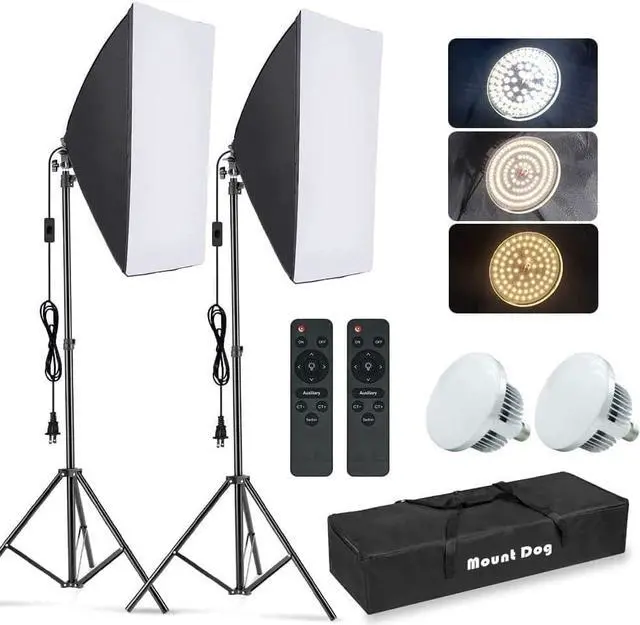 Main image of MOUNTDOG Softbox Lighting Kit, 2x19.7"x27.5" Photography Continuous Lighting System with 2pcs 85W 5700K E27 Socket LED Bulbs and Remote for Portrait Product Fashion Photography