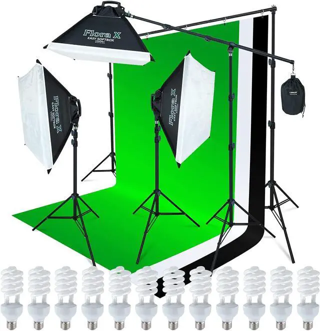 Main image of LINCO Lincostore 2000 Watt Photo Studio Lighting Kit with 3 Color Muslin Backdrop Stand Photography Flora X Fluorescent 4-Socket Light Bank and Auto Pop-Up Softbox - Only Takes 3 Seconds to Set-up