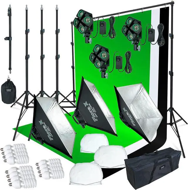 Alt view image 2 of 7 - LINCO Lincostore 2000 Watt Photo Studio Lighting Kit with 3 Color Muslin Backdrop Stand Photography Flora X Fluorescent 4-Socket Light Bank and Auto Pop-Up Softbox - Only Takes 3 Seconds to Set-up