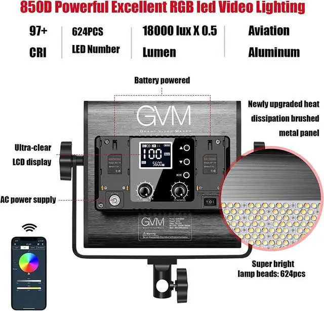 Alt view image 2 of 7 - GVM RGB Video Lighting, Bi-Color Led Video Light Kit with APP Control, 2 Packs 850D Photography Lighting Kit CRI 97+ for Web Conference, YouTube, Gaming, Zoom, Aluminum Alloy Shell