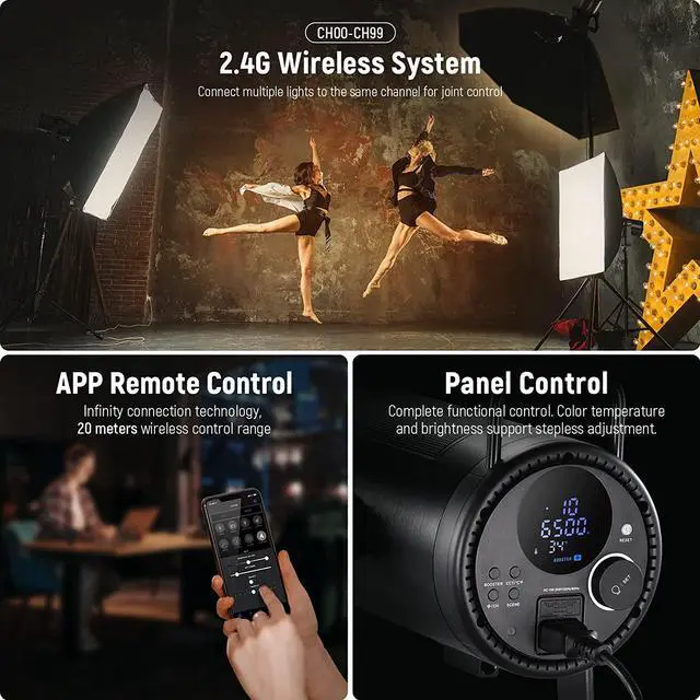 Alt view image 4 of 7 - NEEWER CB200B 210W LED Video Light with 2.4G/APP Remote Control, All Metal Bi Color COB Continuous Output Lighting with Bowens Mount 90000Lux/1m 2700K-6500K CRI/TLCI97+ 12 Effects for Video Recording
