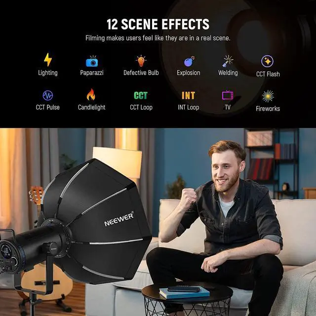 Alt view image 7 of 7 - NEEWER CB200B 210W LED Video Light with 2.4G/APP Remote Control, All Metal Bi Color COB Continuous Output Lighting with Bowens Mount 90000Lux/1m 2700K-6500K CRI/TLCI97+ 12 Effects for Video Recording
