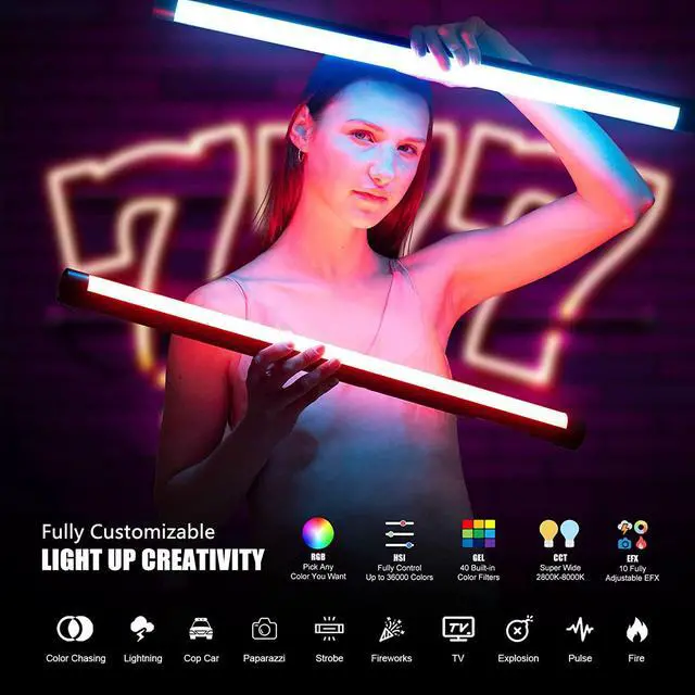 Alt view image 2 of 6 - 2 Pack TLX2 Light Kit RGB Tube Light LED Full Color Video Light with APP DMX Control 2 ft 2800K-8000K CRI96 TLCI97 360° RGB CCT HSI Effect Mode with Built in Rechargeable Battery