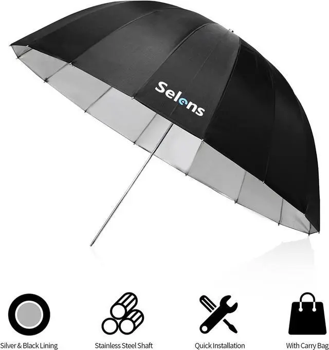 Alt view image 2 of 5 - Selens 65 Inch Diameter Photography Studio Umbrella, Black/Silver Reflective Lighting Umbrella for Flash Light and Location Shoots