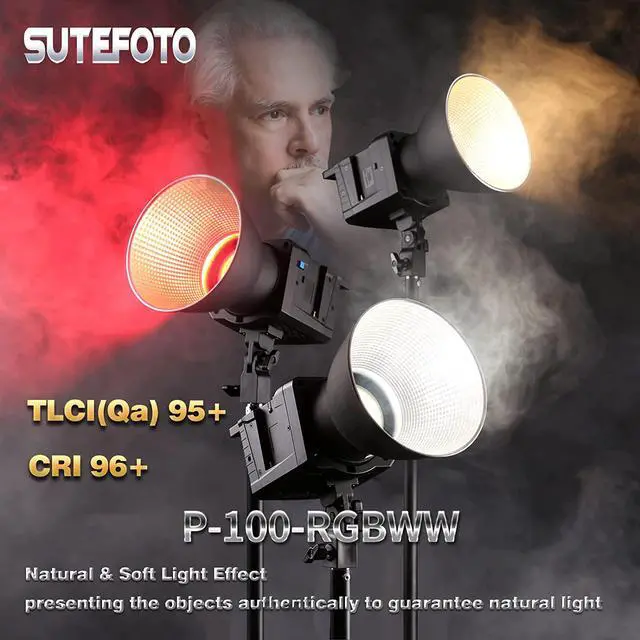 Alt view image 2 of 6 - Sutefoto 100(W) RGB Video Light 2800K-10000K,P100-RGB 360° Full Color Continuous Lighting, 43700 Lux /0.5m, CRI 96+, TLCI 95+ with APP Control/Remote Control. Studio Light for Film Recording