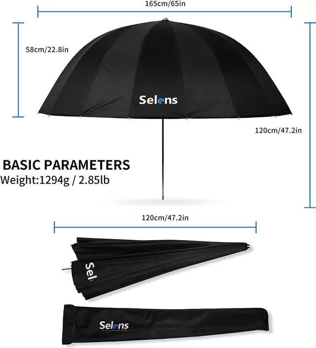 Alt view image 5 of 5 - Selens 65 Inch Diameter Photography Studio Umbrella, Black/Silver Reflective Lighting Umbrella for Flash Light and Location Shoots