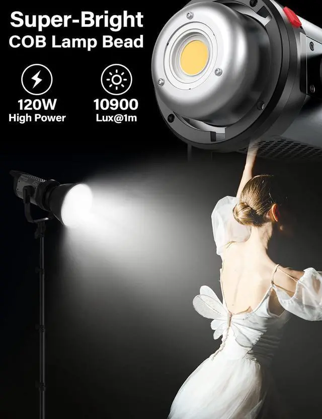 Alt view image 2 of 7 - Pixel 120W LED Continuous Output Video Light, 5600K Bowens Mount Photography Light, 10900lux@1m CRI97+ TLCI99+ Studio Light , Remote Controller for Portrait Shooting and Video Recording