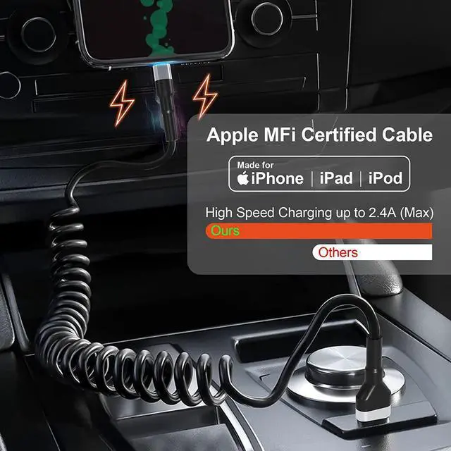 Alt view image 4 of 7 - Coiled Lightning Cable Apple Carplay Compatible [Apple MFi Certified] Short USB to Lightning Apple Carplay Cable with Data Sync and LED, Retractable iPhone Charger Cord for iPhone/Pad/Pod