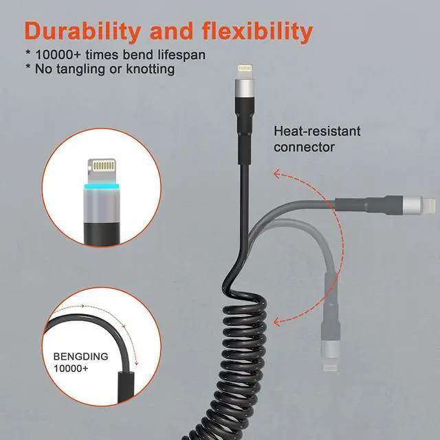 Alt view image 7 of 7 - Coiled Lightning Cable Apple Carplay Compatible [Apple MFi Certified] Short USB to Lightning Apple Carplay Cable with Data Sync and LED, Retractable iPhone Charger Cord for iPhone/Pad/Pod