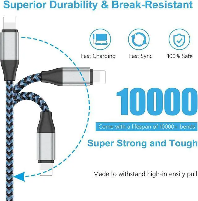 Alt view image 3 of 7 - USB C to Lightning Cable 10FT 2Pack 20W MFi Certified iPhone Fast Charger Sync Nylon Braided Type C Charging Cord Compatible with iPhone 14/14Plus/13/13Mini/13ProMax/12/12Pro Max/11/11Pro/XS