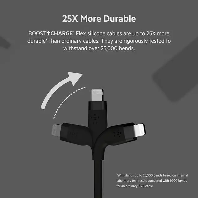 Alt view image 4 of 7 - BoostCharge Flex Silicone USB Type A to Lightning Cable (2M/6.6FT) MFi Certified Charging Cable for iPhone 13 12 11 Pro Max Mini SE iPad and More 2-pack Black