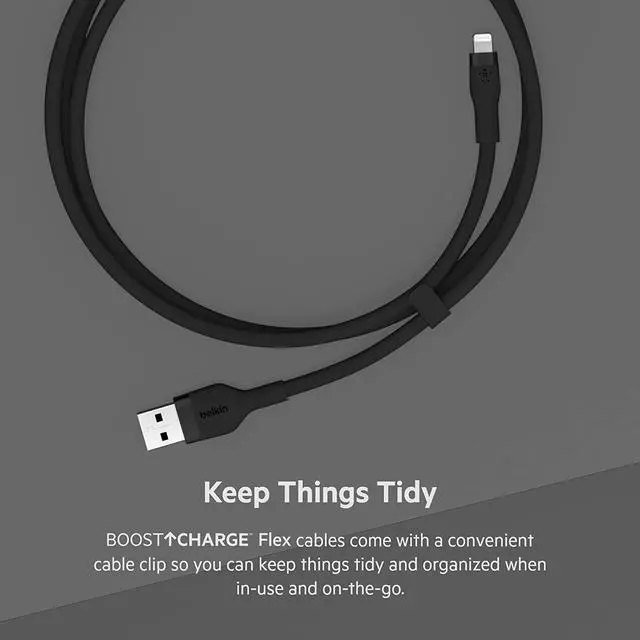 Alt view image 6 of 7 - BoostCharge Flex Silicone USB Type A to Lightning Cable (2M/6.6FT) MFi Certified Charging Cable for iPhone 13 12 11 Pro Max Mini SE iPad and More 2-pack Black