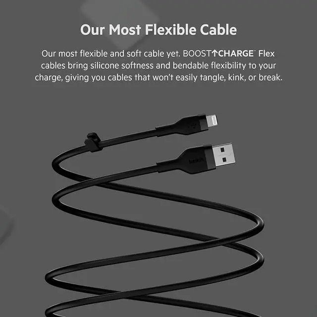 Alt view image 5 of 7 - BoostCharge Flex Silicone USB Type A to Lightning Cable (2M/6.6FT) MFi Certified Charging Cable for iPhone 13 12 11 Pro Max Mini SE iPad and More 2-pack Black