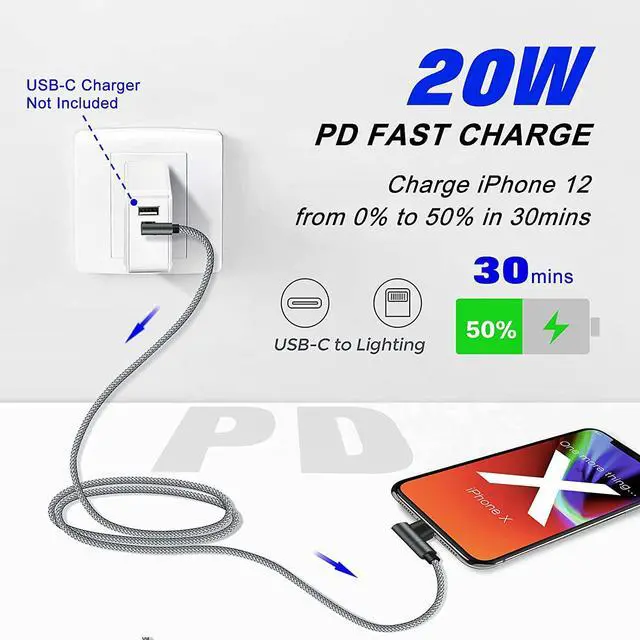 Alt view image 4 of 7 - USB C to Lightning Cable 6FT iPhone Fast Charger Cable USB-C Power Delivery Charging Cord for iPhone 13/12/12 PRO Max/12 Mini/11/11PRO/XS/Max/XR/X/8/8Plus/iPad(Gray)