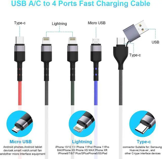 Alt view image 2 of 7 - 10 Ft USB C Multi Fast Charging Cable Universal USB Cellphone Cables 4 in 1 Charging Cord with Lightning*2+Type C+Micro USB Nylon Braided Charger Cord Adapter for Apple iOS iPhone/Android/Samsung