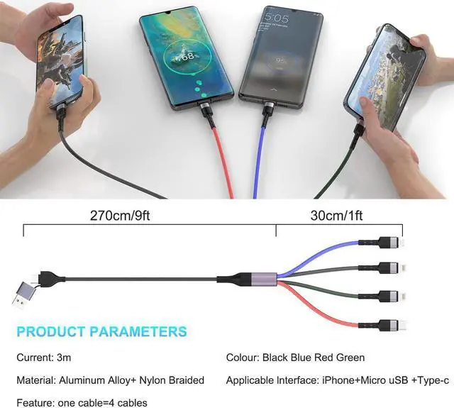 Alt view image 6 of 7 - 10 Ft USB C Multi Fast Charging Cable Universal USB Cellphone Cables 4 in 1 Charging Cord with Lightning*2+Type C+Micro USB Nylon Braided Charger Cord Adapter for Apple iOS iPhone/Android/Samsung