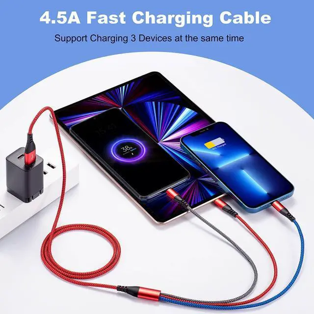 Alt view image 2 of 7 - Multi Charging Cable [2Pack 4Ft] 3 in 1 Charger Cable Nylon Braided Fast Charging Cord Multi USB Cable Phone Charger Cord with Type-C/Micro USB/IP Port for Cell Phones,Samsung Galaxy,iPads,Tablets