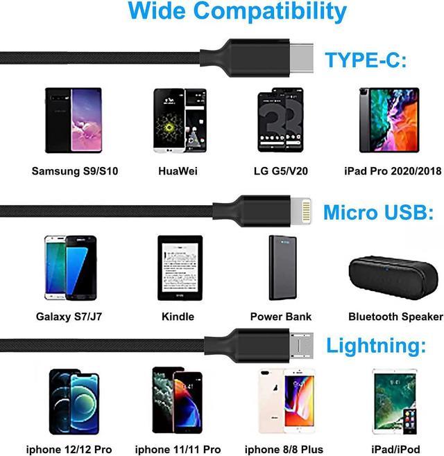 Multi 3 in 1 USB Long iPhone Charging Cable, 1.8M/5.9Ft Nylon Braided  Universal Phone Charger Cord USB C/Micro USB/Lightning Connector Adapter  for