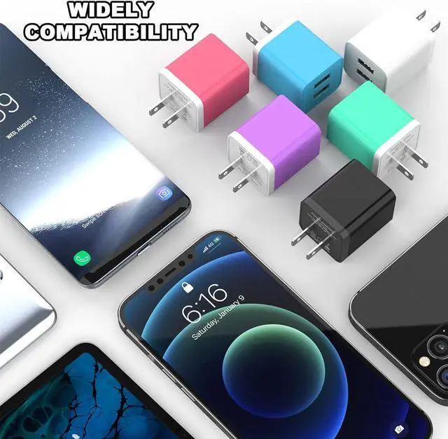 Alt view image 7 of 7 - 6Pack USB Wall Charger, iGENJUN 2.4A Dual USB Port Cube Power Plug Adapter Fast Phone Charger Block Charging Box Brick for iPhone 15/15 Pro/15 Pro Max/14, Samsung Galaxy, Pixel, LG, Android-Colorful