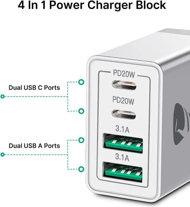 Alt view image 2 of 7 - [2-Pack] USB C Wall Charger 40W Fast USB C Charger Block 4-Port PD Power Adapter + QC Wall Plug Multiport Type C Charging Block Cube Compatible with iPhone 16 15 14 13 12 11 Pro Max XR XS 8
