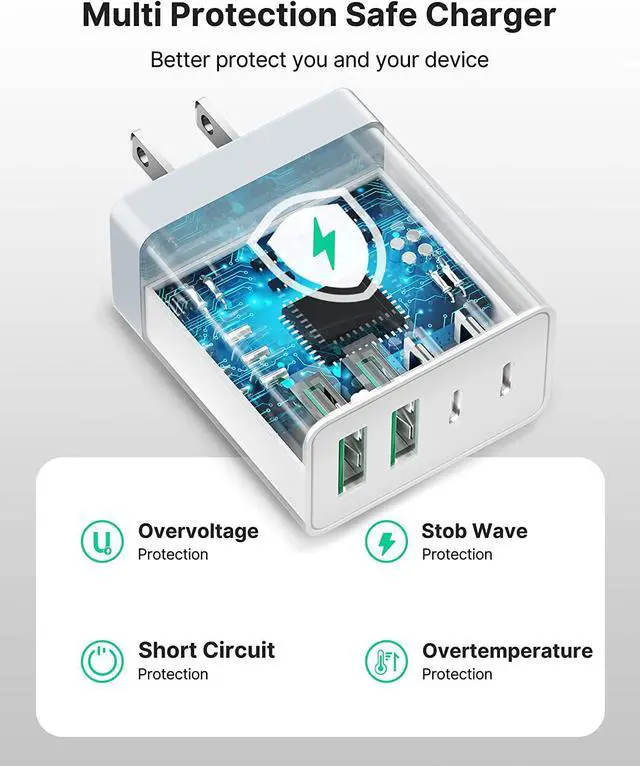 Alt view image 4 of 7 - [2-Pack] USB C Wall Charger 40W Fast USB C Charger Block 4-Port PD Power Adapter + QC Wall Plug Multiport Type C Charging Block Cube Compatible with iPhone 16 15 14 13 12 11 Pro Max XR XS 8