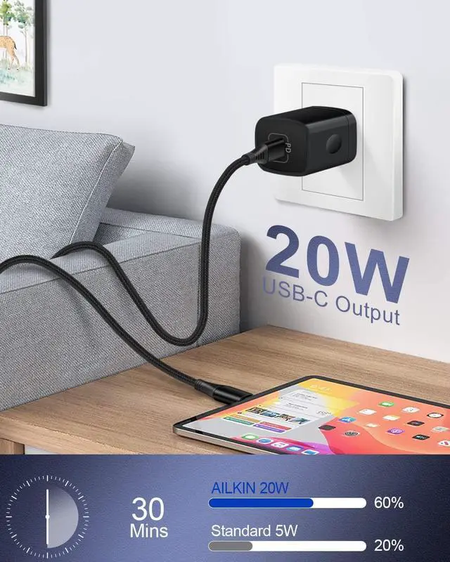 Alt view image 6 of 7 - 20W PD USB C Wall Charger Adapter [60W/6FT] USB Type C to USB-C Cable, Fast Charging 3.0 Block Plug Cube Brick Box, Android USBC to C Phone Power Charger Cord for Samsung Galaxy Google Pixel iPhone 15