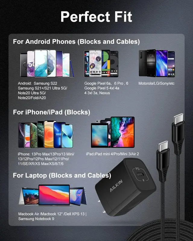 Alt view image 7 of 7 - 20W PD USB C Wall Charger Adapter [60W/6FT] USB Type C to USB-C Cable, Fast Charging 3.0 Block Plug Cube Brick Box, Android USBC to C Phone Power Charger Cord for Samsung Galaxy Google Pixel iPhone 15