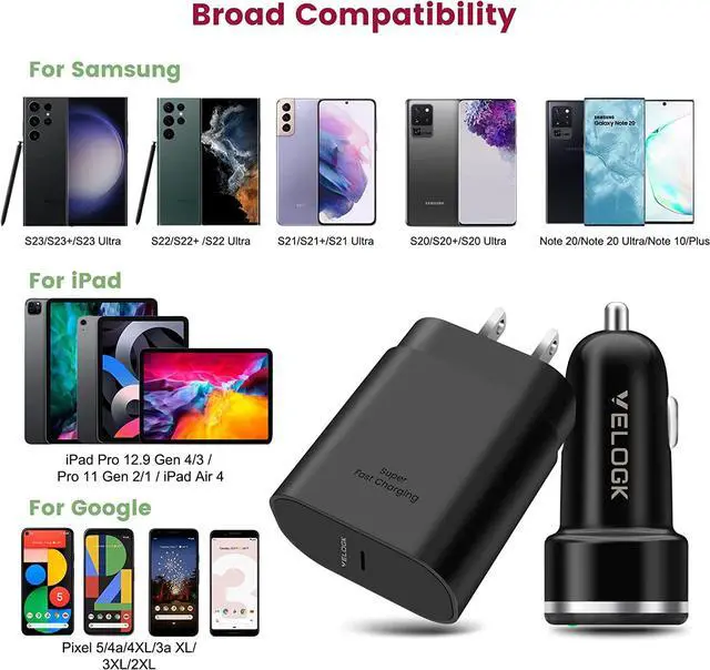 Alt view image 4 of 7 - Super Fast Charger Type C Kit, VELOGK 25W PD PPS USB C Wall/Car Charger for Samsung Galaxy S25/S24/S23 Ultra/S23+/S23/S22/S21/S20/Plus/Note 20/A71, iPad Pro, with 2X Nylon USB C-to-C Cable(3.3ft)