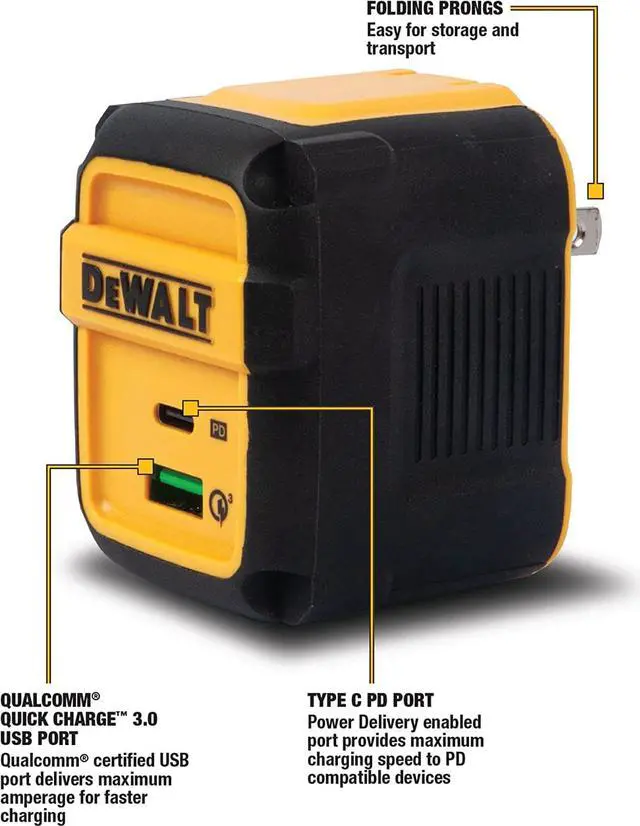 Alt view image 3 of 7 - DEWALT Heavy Duty 49.5W Dual USB & USB C Charger Block (Cable Not Included), USBC Power Adapter, 2 Port Compact Foldable Fast Wall Charger for iPhone 17/16/15/14 Galaxy Pixel 4/3 iPad - Black & Yellow