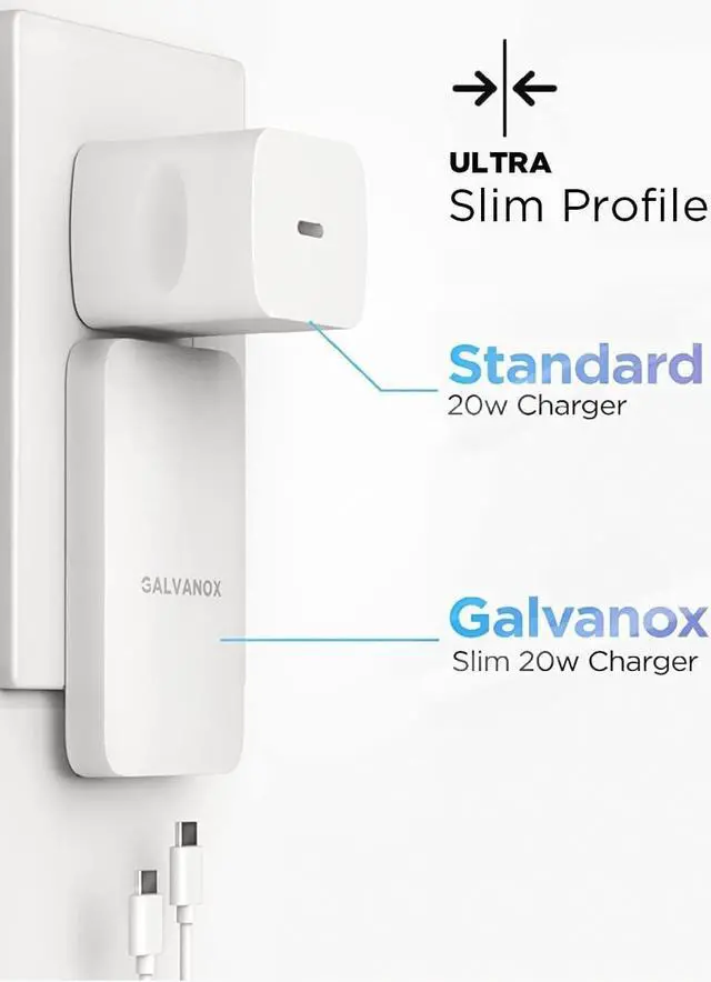 Alt view image 2 of 7 - Galvanox Dual USB-C Flat Wall Charger - Fast Charging Ultra Slim Outlet Plug, Multi Port Type C for iPhone 13, 14, 15 iPhone 16 Pro Max and Samsung Galaxy Phones (20W)