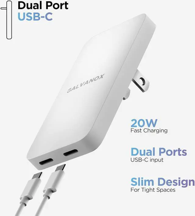 Alt view image 6 of 7 - Galvanox Dual USB-C Flat Wall Charger - Fast Charging Ultra Slim Outlet Plug, Multi Port Type C for iPhone 13, 14, 15 iPhone 16 Pro Max and Samsung Galaxy Phones (20W)
