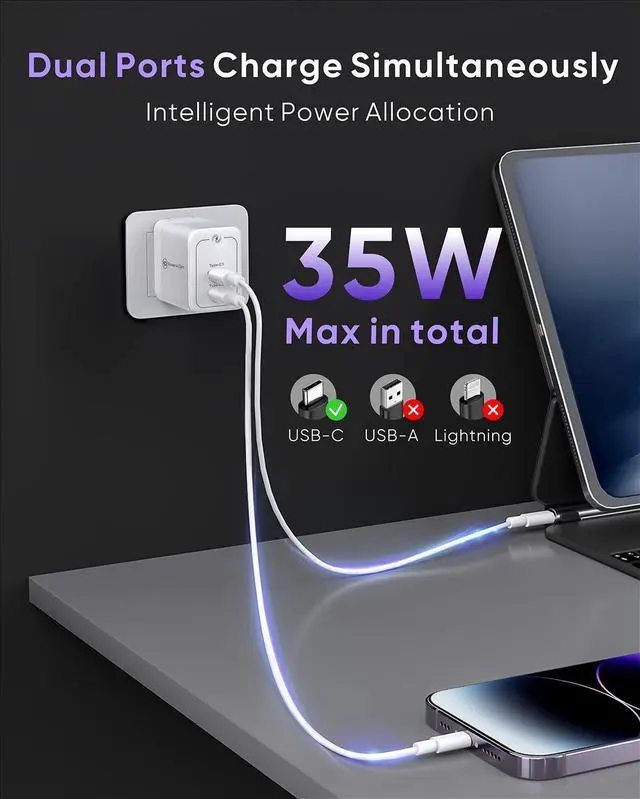 Alt view image 3 of 7 - Mini 35W Dual USB C Wall Charger - PowerlotZero 2 USBC Port Power Adapter PPS PD 3.0 GaN Fast Charger Block Foldable USB Type C Plug for iPhone 13 12 14 Pro Max Plus Galaxy iPad AirPods MacBook Air