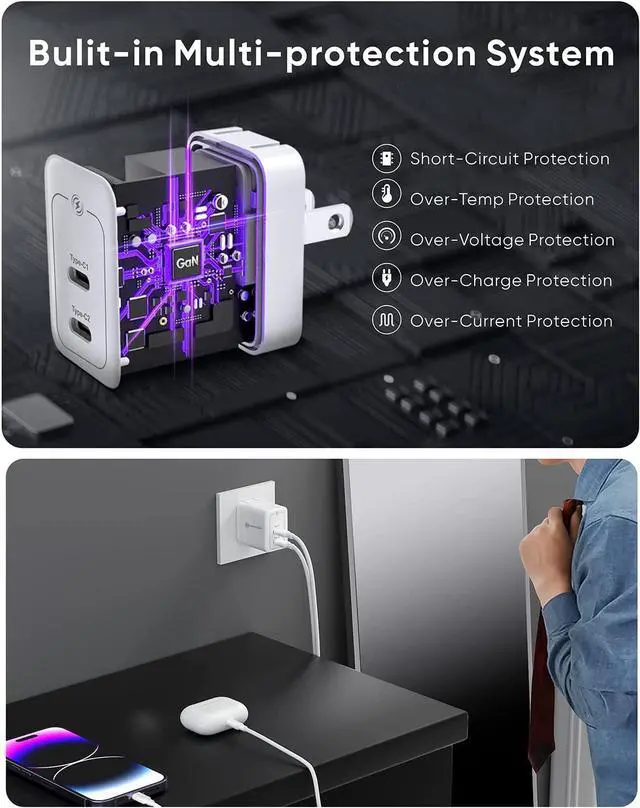 Alt view image 4 of 7 - Mini 35W Dual USB C Wall Charger - PowerlotZero 2 USBC Port Power Adapter PPS PD 3.0 GaN Fast Charger Block Foldable USB Type C Plug for iPhone 13 12 14 Pro Max Plus Galaxy iPad AirPods MacBook Air