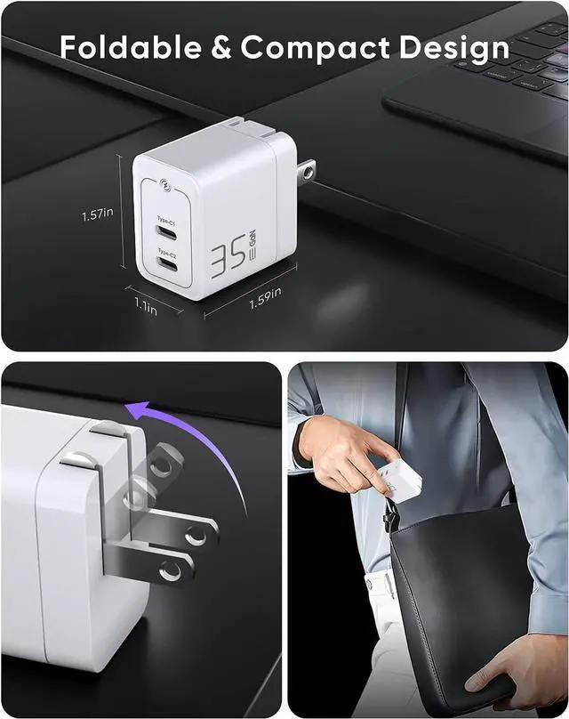 Alt view image 5 of 7 - Mini 35W Dual USB C Wall Charger - PowerlotZero 2 USBC Port Power Adapter PPS PD 3.0 GaN Fast Charger Block Foldable USB Type C Plug for iPhone 13 12 14 Pro Max Plus Galaxy iPad AirPods MacBook Air