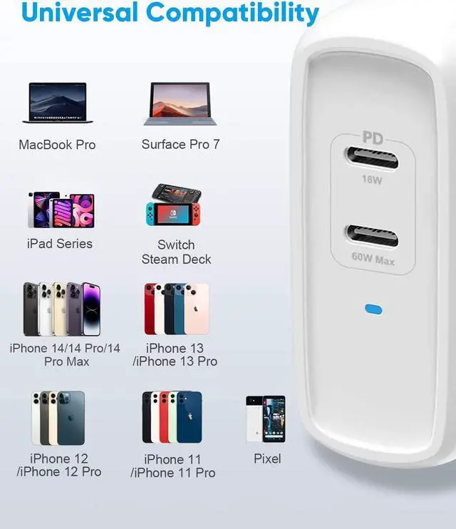 Alt view image 5 of 7 - USB C Wall Charger, PowerLot 68W 2-Port GaN PD 3.0 USB C Charger Block, 60W USB C Power Adapter for MacBook Pro, Fast Wall Charger for iPhone 15 pro max,iPhone14/13/12 Pro Max, iPad Pro,iWatch,iPods