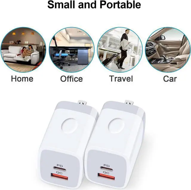 Alt view image 7 of 7 - 20W Dual Port USB C Fast Wall Charger Power Adapter for Samsung Galaxy S24 A15 A54 S23 S22 S21 S10 Plus Ultra, iPhone 15 14 13 12 11 Mini Pro Max, 2PC PD Type C Block Plug Box Charging Cube Base Brick