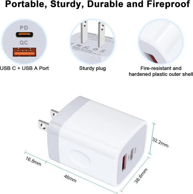 Alt view image 5 of 7 - 20W Dual Port USB C Fast Wall Charger Power Adapter for Samsung Galaxy S24 A15 A54 S23 S22 S21 S10 Plus Ultra, iPhone 15 14 13 12 11 Mini Pro Max, 2PC PD Type C Block Plug Box Charging Cube Base Brick