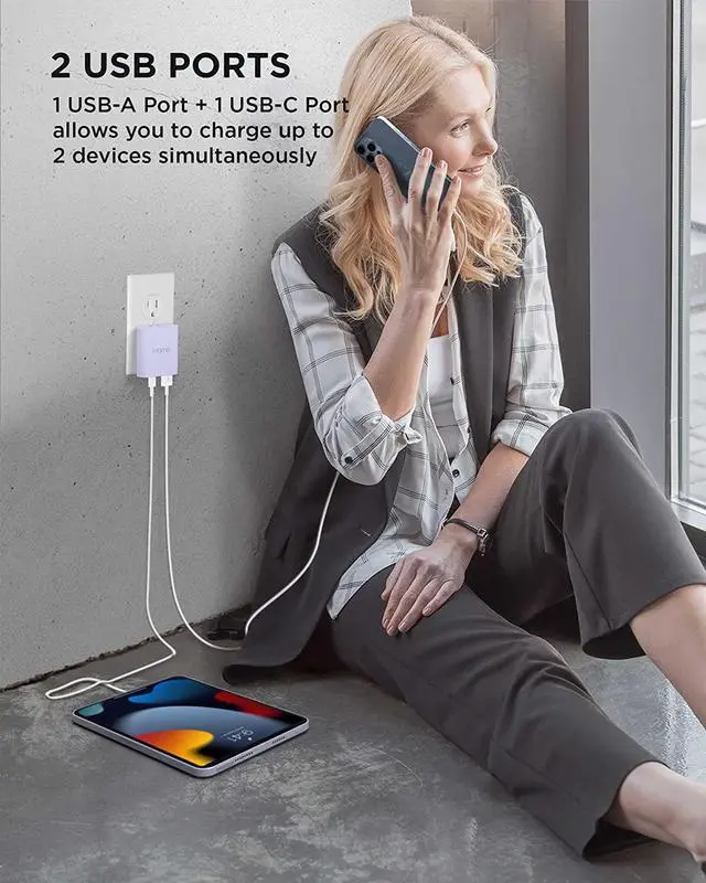 Alt view image 3 of 6 - iHome USB C Charger: AC Pro 20W Multiport USB Charger (1 USB-C Port, 1 USB-A Port), Flat USB C Charger Block, Dual Port USB Plug Adapter & Phone Charging Block