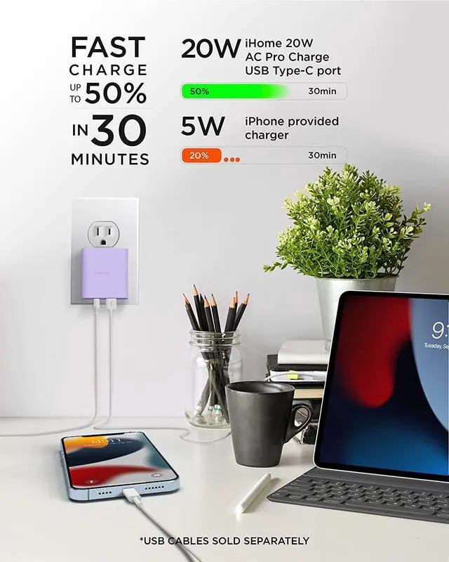Alt view image 5 of 6 - iHome USB C Charger: AC Pro 20W Multiport USB Charger (1 USB-C Port, 1 USB-A Port), Flat USB C Charger Block, Dual Port USB Plug Adapter & Phone Charging Block
