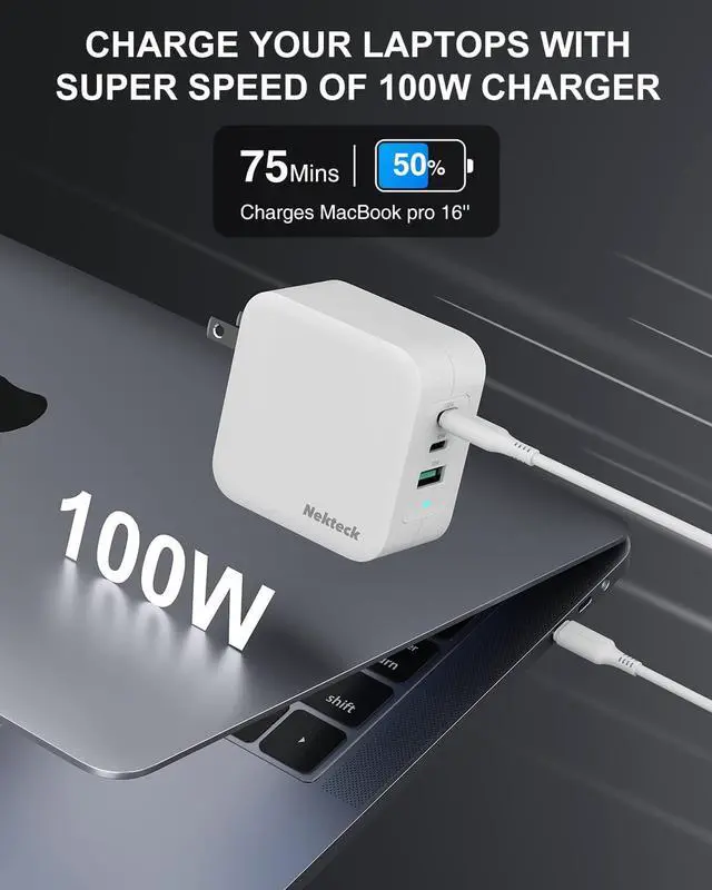 Alt view image 2 of 7 - Nekteck 100W GaN USB C Charger, 3-Port PD 3.0 & QC 3.0 Fast Wall Charger, Compact Foldable Plug for MacBook Pro/Air, iPhone 15/14/13, iPad, Galaxy S23/S22, PixelBook, ThinkPad, Steam Deck and More
