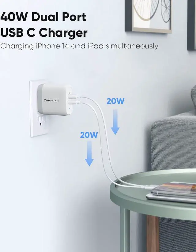 Alt view image 3 of 7 - USB C Charger Block, 40W USB C Wall Charger GaN Foldable USB C Power Adapter 2-Port (20W+20W) PD Fast Charging Block for iPhone 15/15 Pro/ 15 Pro Max/ 15 Plus/ 14/13/ 12/11, MacBook Air, iPad Pro