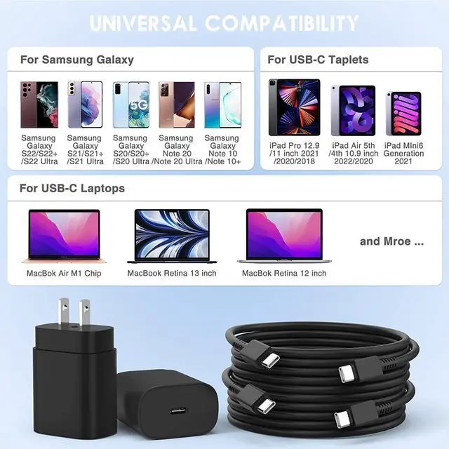 Alt view image 7 of 7 - (2Pack) 10Ft USB C Fast Charger, 25W Type C Wall Charger Block with USB C to USB C Cable Android Charger Adapter for Samsung Galaxy S23 Ultra/S23+/S22+/S10+/S9/S8/Note 10 Plus/Note 20