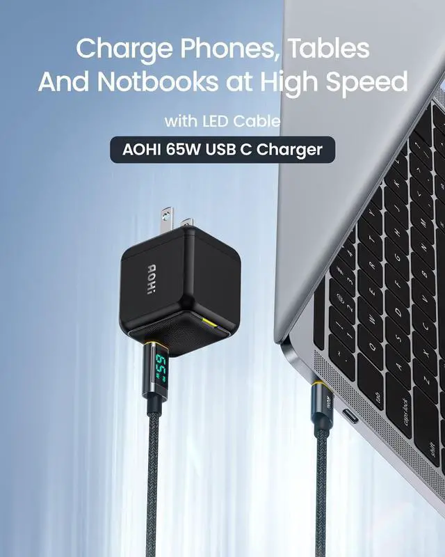 Alt view image 2 of 7 - AOHI 65W PD USB C Charger, GaN+ Magcube Fast Wall Charger Power Adapter with 4ft USB C to USB C LED Display Cable for Notebook MacBook Pro/Air, Galaxy, for iPhone 15/14/Plus/Pro Max/13/12, Black