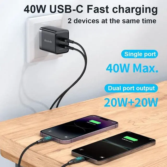 Alt view image 2 of 7 - mcdodo 40W Dual USB C Charger Block Foldable USB-C Fast Charging Wall Charger Power Adapter for iPhone 16 15 Pro ProMax Plus,Galaxy,MacBook,iPad and More