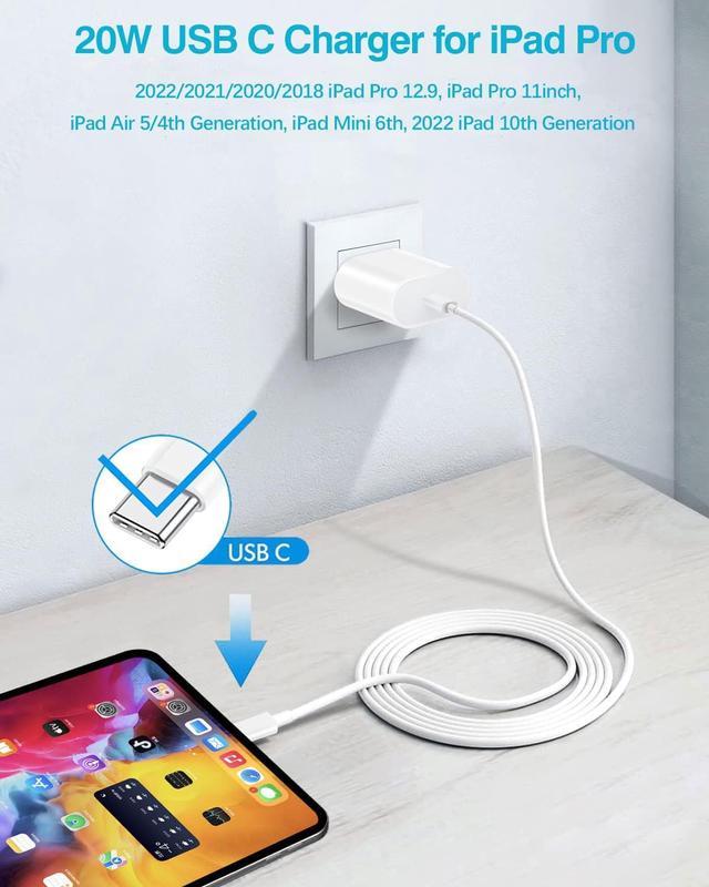  20W USB C Charger for iPad Pro 12.9/11 inch  2022/2021/2020/2018, iPad Air 5th/4th Generation, iPad 10th Generation, iPad  Mini, iPhone 15 Pro Max, PD Block with 6.6ft Fast Charging Cable 