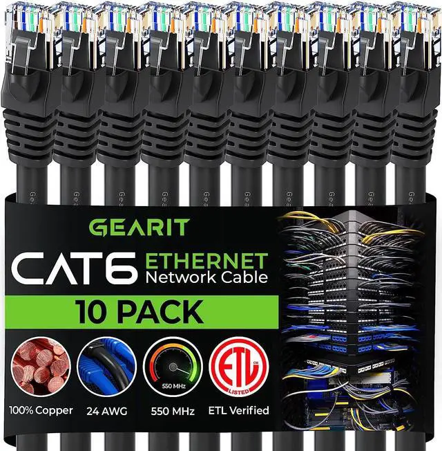 Main image of GearIT Cat 6 Ethernet Cable 1 ft (10-Pack) - Cat6 Patch Cable, Cat 6 Patch Cable, Cat6 Cable, Cat 6 Cable, Cat6 Ethernet Cable, Network Cable, Internet Cable - Black 1 Foot