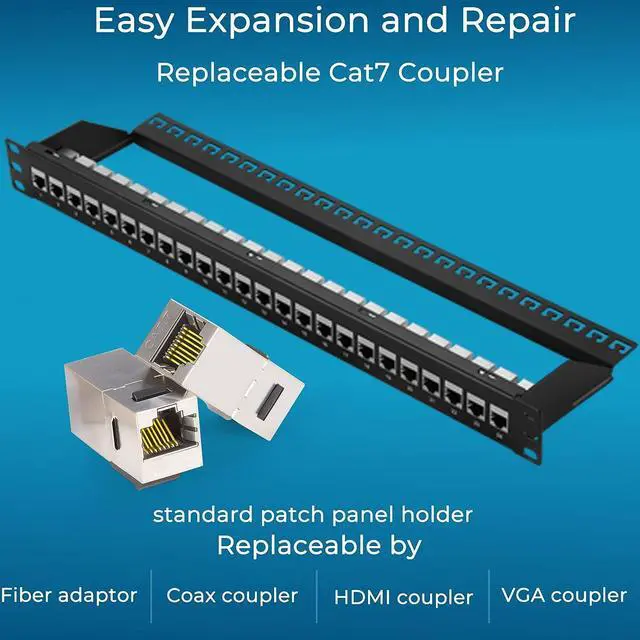 Alt view image 5 of 7 - Patch Panel 24 Port Cat7 with Inline Keystone 10G Support, Coupler Patch Panel STP Shielded 19-Inch with Removable Back Bar, 1U Network Patch Panel for Cat7, Cat6, Cat6A, Cat5e,